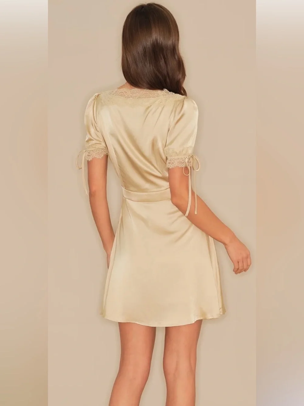 Rihoas Apricot Satin Lace Mini Dress Medium NWT V Neck Cottagecore Romantic - Picture 3 of 12